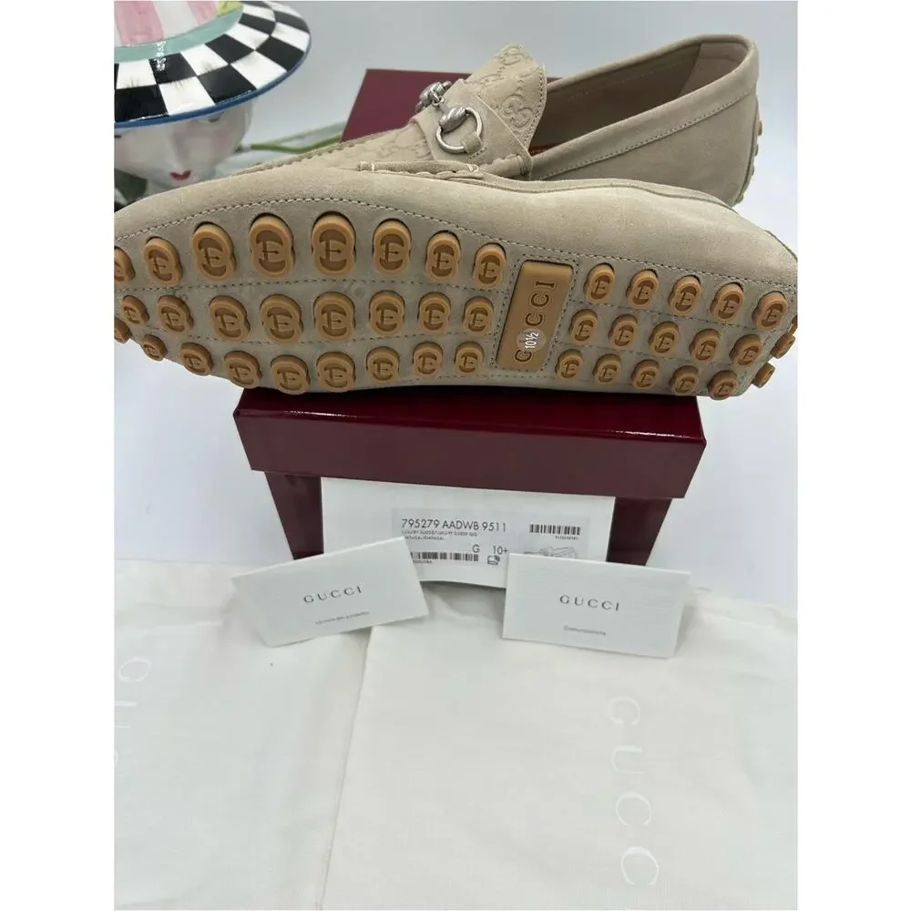 Men's Gucci suede oatmeal horse bit driver loafers size 10.5 fits 11 US
